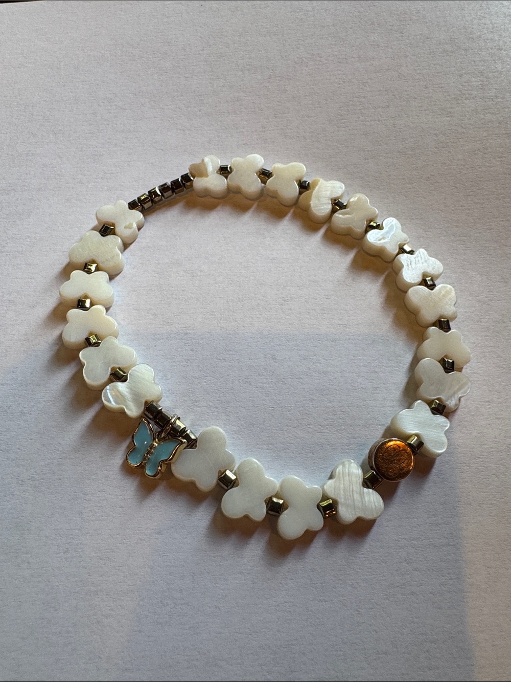 EBRU Jewelry Mother-of-Pearl Beaded Anklet with Blue Butterfly Charm